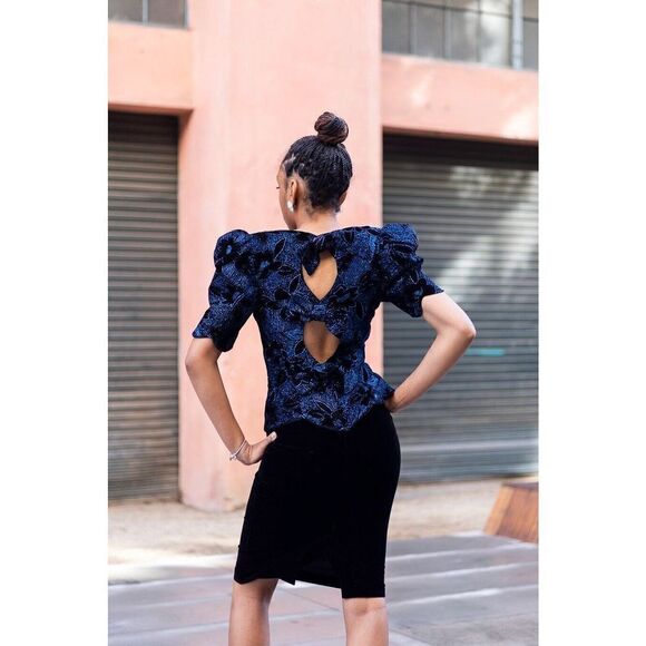 Jessica McClintock‎ Dress Vintage Black Velvet Blue Sparkles Open Back  Size 8 - Picture 1 of 13